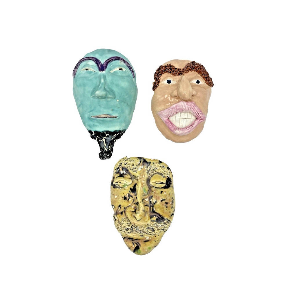 Artist Created Face Mask Art Sculptures Collection of 3 Pottery Faces Signed